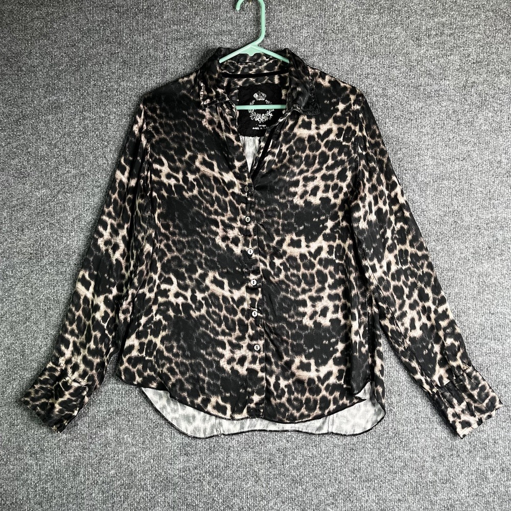 CINO Long Sleeve Top Women Large Cheetah Leopard Button Down Brown Black Viscose